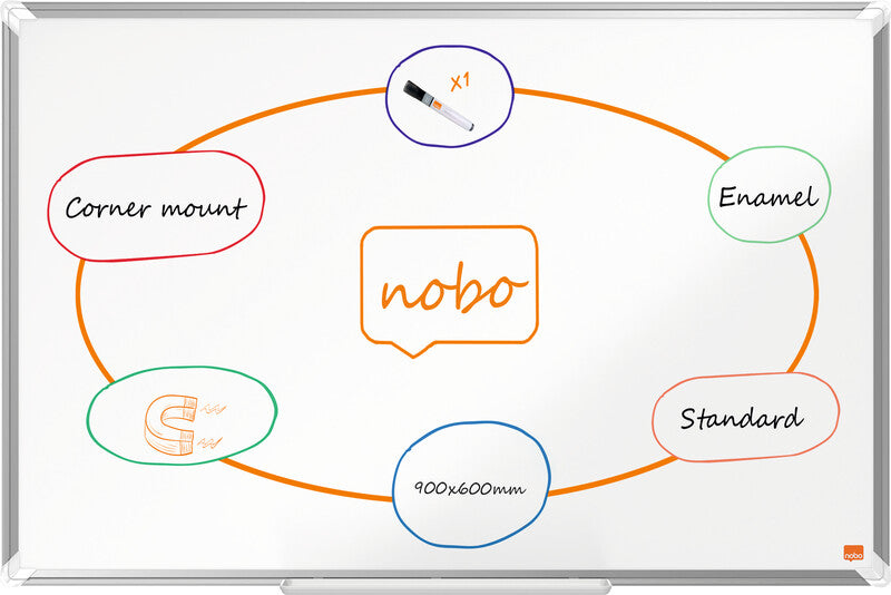 Nobo Whiteboard – 90 × 60 cm, Emaille, magnetisch, Aluminiumrahmen, Wandmontage, inkl. Stifteablage