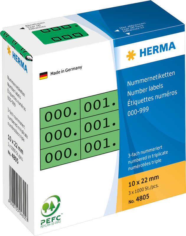 HERMA Nummernetiketten – rechteckig 10 × 22 mm, permanent, grün, 3 Rollen (3'000 Stk.)