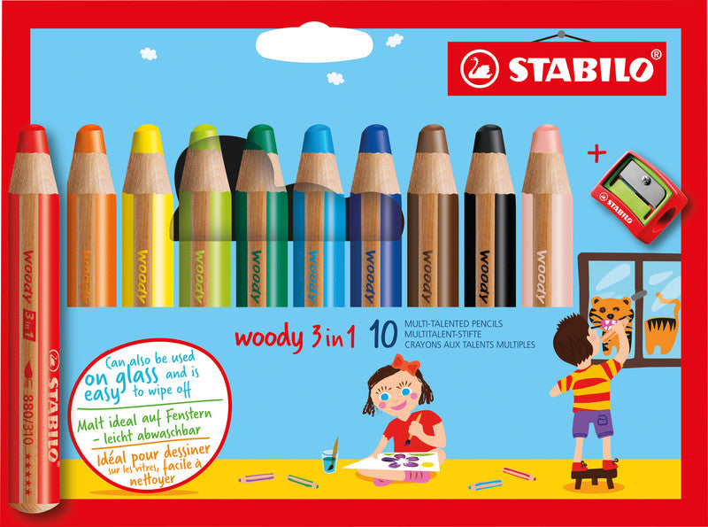 STABILO 3-in-1 Farbstifte woody – 10 Farben, im Kartonetui, mit Spitzer, Ø 4,2 mm, PEFC