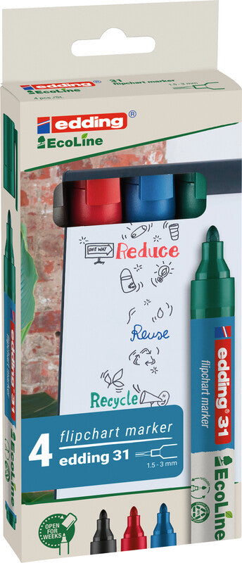 Edding Flipchart-Marker 31 EcoLine – Rundspitze 1,5-3 mm – Sortiert – 4er-Set