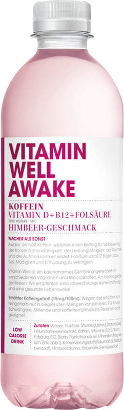 Vitamin Well Vitaminwasser Awake, Himbeer, koffeinhaltig – 12 × 5 dl