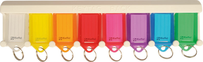 Rieffel Schlüsselschild – assortiert, Beschriftungsfeld 38 × 22 mm, 8 Stk., Kunststoff, B 265 × H 60 × T 15 mm