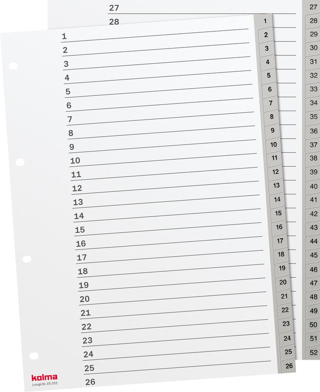 Kolma Register – A4, 52-teilig, PVC, grau, vorgedruckt, 4-fach gelocht, mit Indexblatt, für A4