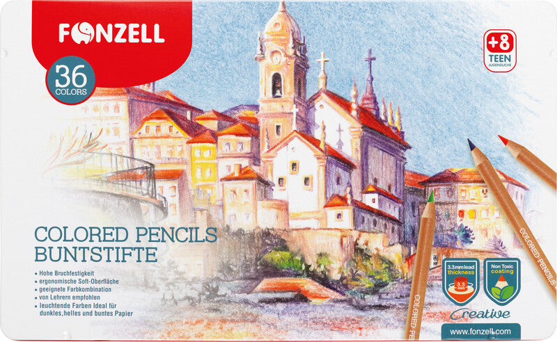Fonzell Creative Farbstifte-Set – 36 Farben, rund, Mine Ø 3,3 mm, Metallschachtel