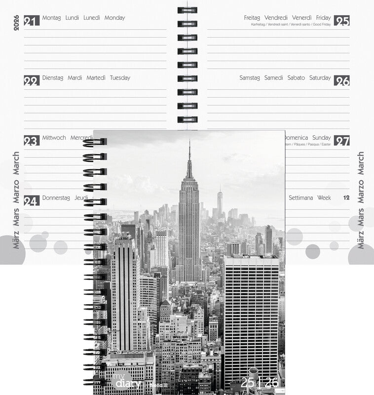 Biella mydiary Schüleragenda – 1 Woche/2 Seiten, Spiralbindung, 12 × 16,5 cm, Aug–Jul, City, FSC