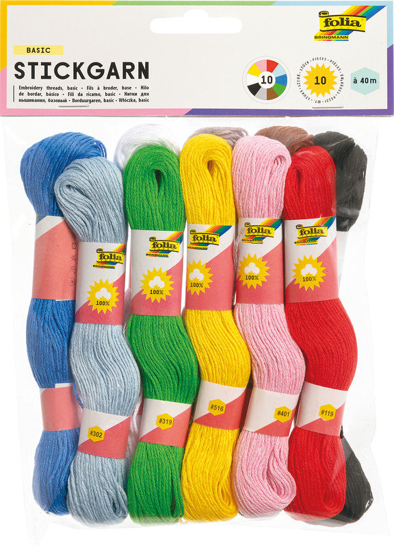 Folia Stickgarn-Set – Baumwolle, mercerisiert, 40 m, sortiert, 1 × 10 Farben – für Sticken