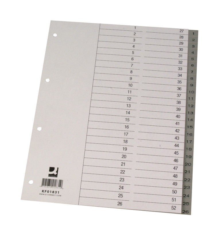 Q-Connect Register – für A4, Kunststoff (PP), 1–52, 52-teilig, Grau, 11-fach
