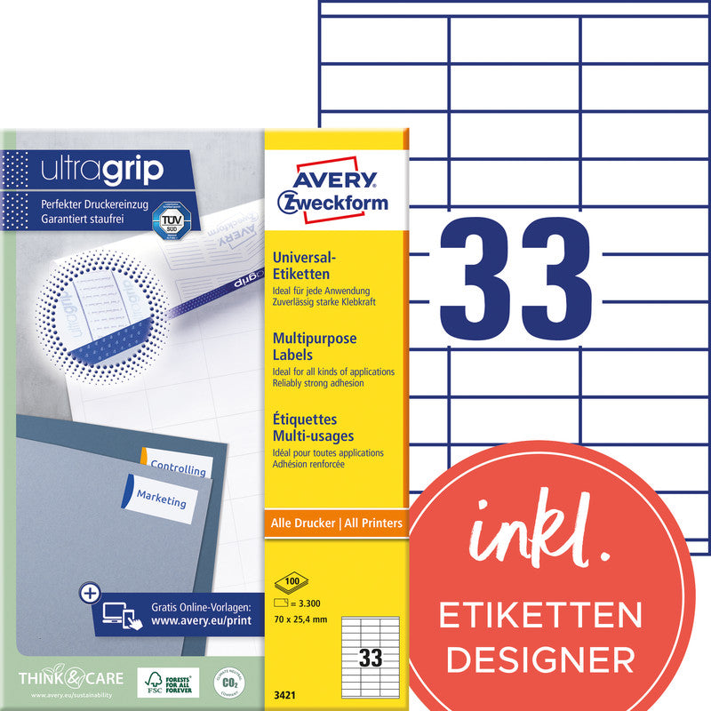 Avery Etikettenbogen, 70 mm × 25 mm, weiss, Papier, permanent, 100 Blatt (3'300 Etiketten)