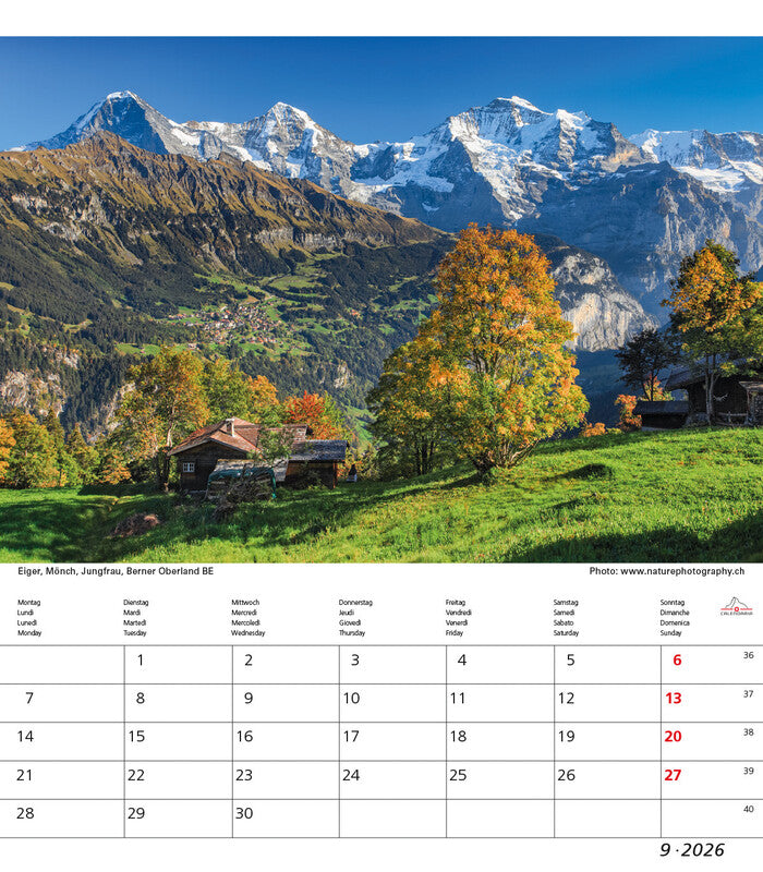 Calendaria Bildkalender Schweiz 2026 – 21 × 24 cm – mit Tagesfeldern, mit Aufhänger