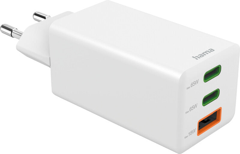 Hama 00201996 USB-Desktop-Ladegerät 65 W – USB-C×2, USB-A×1 – PD, QC 2.0/3.0 – Weiss