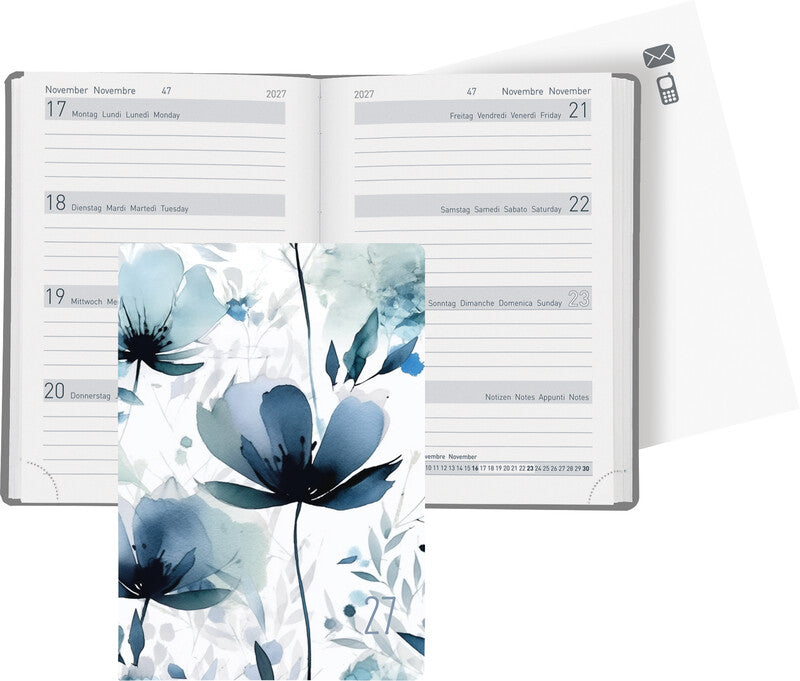 Biella Memento Trend Agenda – 1 Woche/2 Seiten, gebunden, 10,1 × 14,2 cm, Jan–Dez 2027, Blaues Blumenmuster, FSC