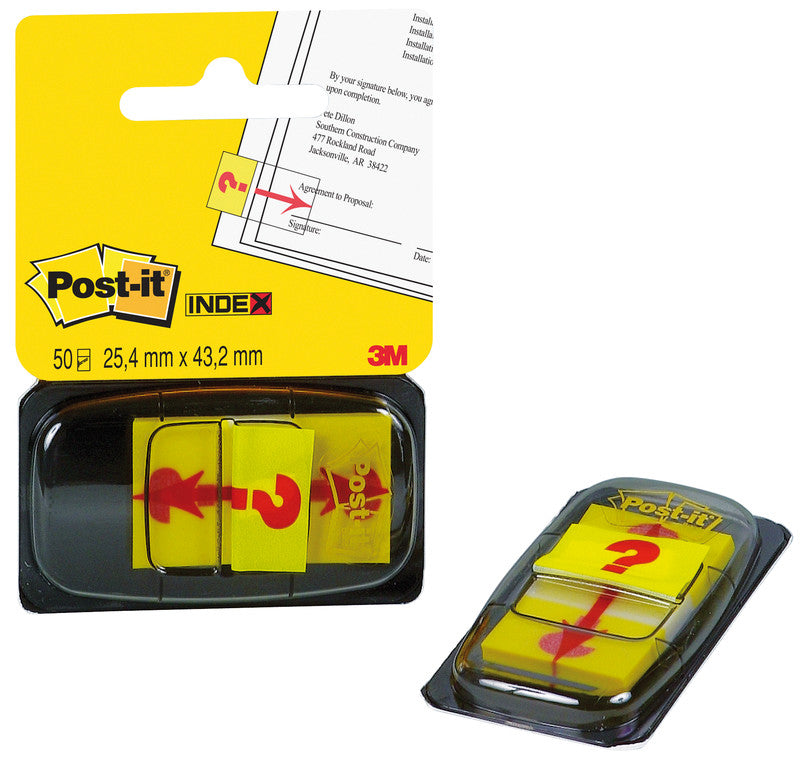 Post-it Indexstreifen mit Symbol Fragezeichen – 25,4×43,2 mm – Gelb, 50 Stück, mit Dispenser