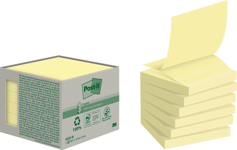Post-it Haftnotizen Recycling Tower – 76×76 mm – gelb, 6×100 Blatt, PEFC