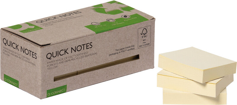 Q-Connect Haftnotizen – 51×38 mm – gelb, 12×100 Blatt, Recyclingpapier