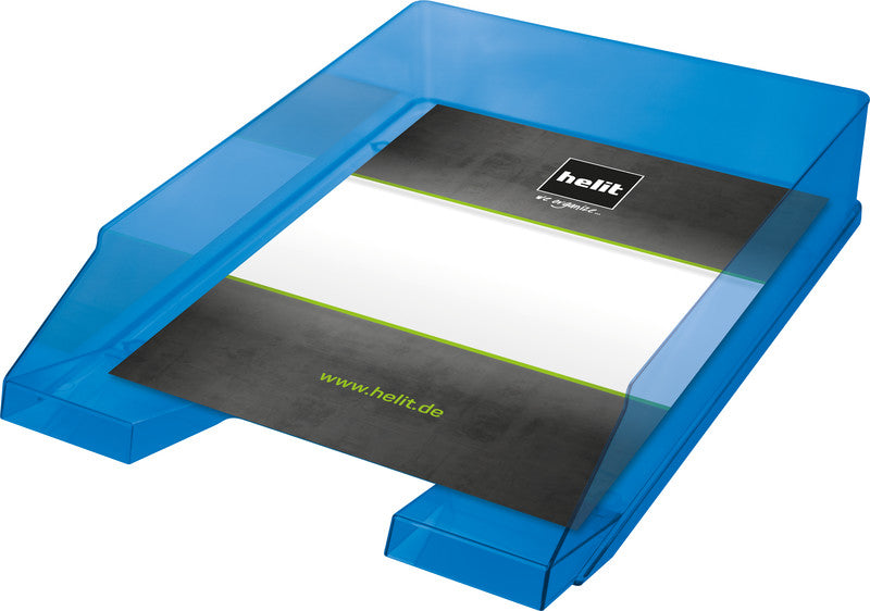Helit Briefkorb – mit Beschriftungsfeld, hochglänzend, blau transparent, B 245 × H 67 × T 347 mm