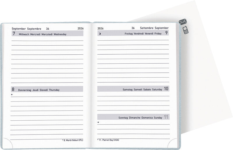 Biella Agenda – 2 Tage pro Seite, gebunden, 8,5 × 12,5 cm, Jan–Dez, 2026, hellblau, FSC