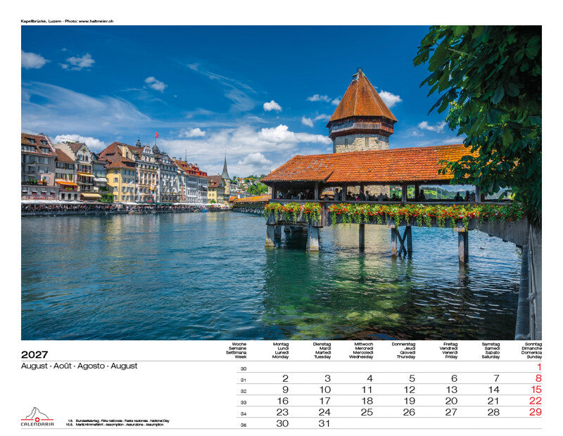 Calendaria Bildkalender Schweiz 2027 – 40 × 31 cm – Kalendarium d/f/i/e