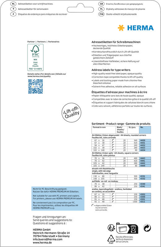 HERMA Adressetiketten, korrigierbar – für Schreibmaschinen bis 4 Durchschläge – 280er-Pack