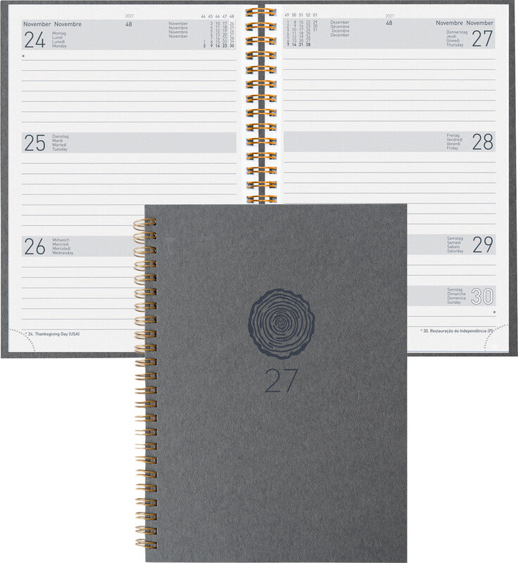 Biella Dispo Term Agenda – 1 Woche/2 Seiten, Wire-O, 14,5 × 20,5 cm, 2027, Natural, Dunkelgrau