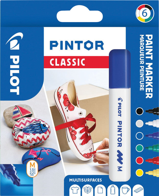 Pilot Pigment-Marker Pintor – Rundspitze 1,5-2,2 mm – Sortiert – 6er-Set – Für dunkle Oberflächen geeignet