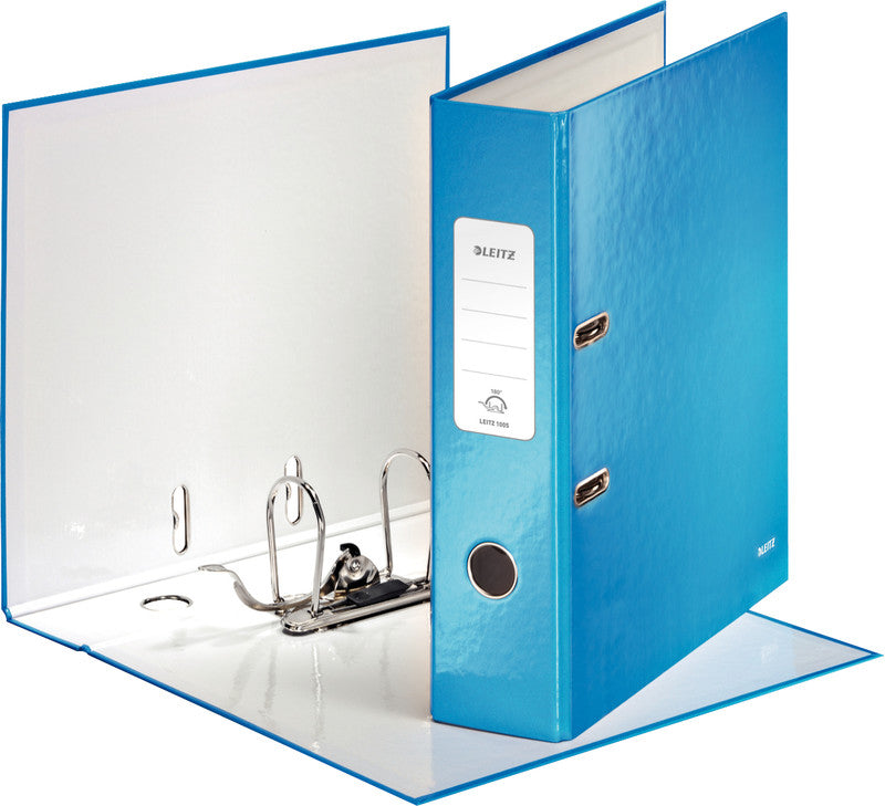 Leitz Ordner – A4 hoch – 2-Ring Hebelmechanik, Rücken 80 mm – blau, mit Niederhalter, mit Griffloch, FSC
