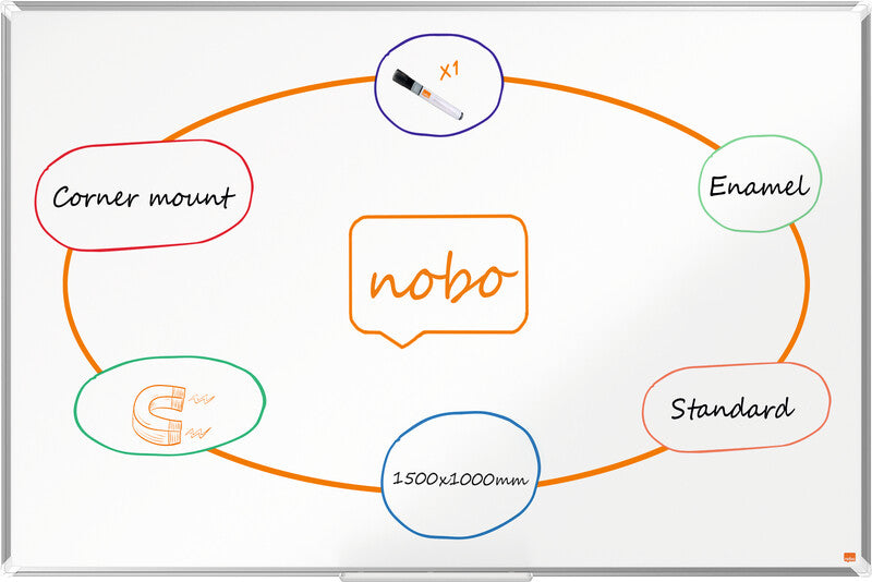 Nobo Whiteboard – 150 × 100 cm, Emaille, magnetisch, Aluminiumrahmen, Wandmontage, inkl. Stifteablage