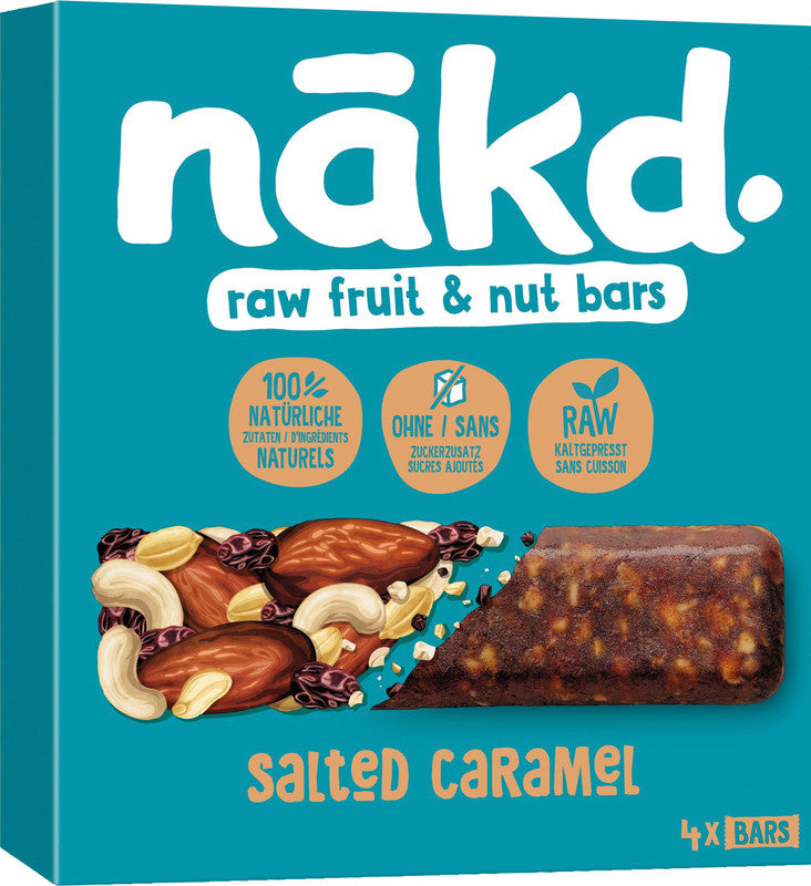 Nakd Riegel – Salted Caramel, vegan, ohne Zuckerzusatz, Schachtel, 4 × 35 g (140 g)