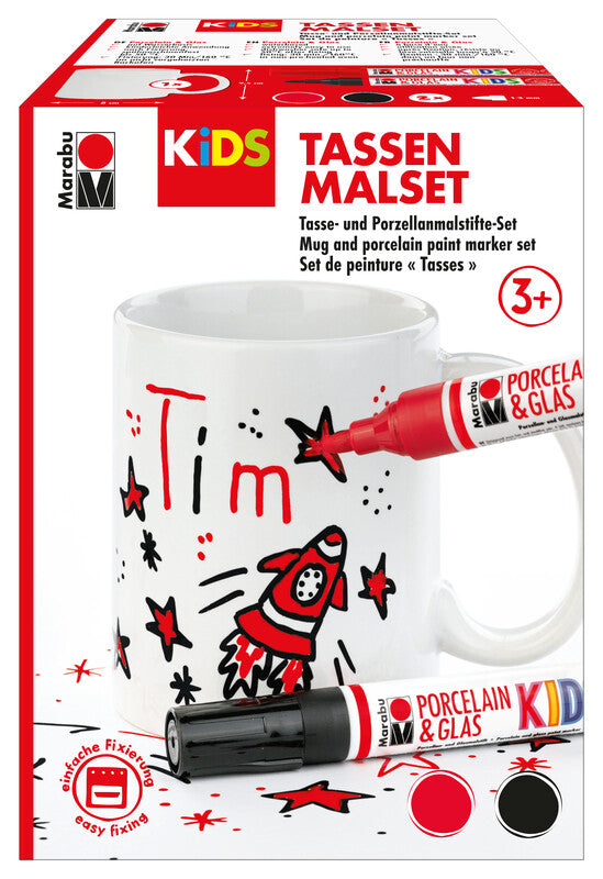 Marabu KiDS – Tassen-Malset – Porzellan- und Glasmalstifte 1–3 mm – 8 × 8 × 9,5 cm – 1 Tasse, 2 Stifte