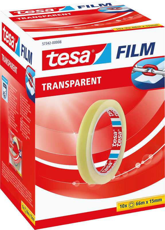 TESA Büro-Klebeband – permanent, klar, Kunststoff, 15 mm × 66 m, Kern Ø 76 mm