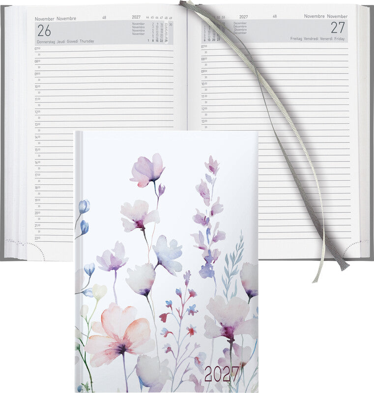 Biella Executive Trend Agenda – 1 Tag pro Seite, gebunden, 14,5 × 20,5 cm, 2027, 1/2-Stunden-Takt, Wildflower, FSC
