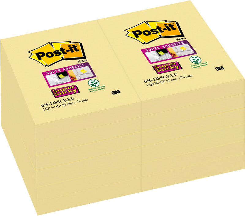 Post-it Haftnotizen – 76×51 mm – Gelb, 12×90 Blatt, Super Sticky, PEFC