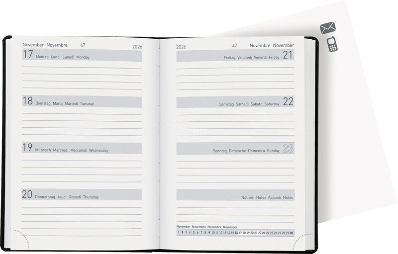Biella Taschenagenda – 1 Woche/2 Seiten, gebunden, 10,1 × 14,2 cm, 2026, mehrsprachig, schwarz, FSC