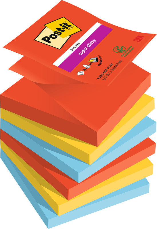 Post-it Super Sticky Haftnotizen – 76×76 mm – sortiert (ultrorot, ultragelb, paradiseblau), 6×90 Blatt