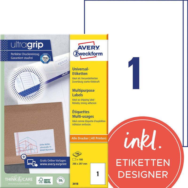 Avery Etiketten auf Bogen, 200 mm × 297 mm, Weiss, Papier, Permanent, 100 Blatt