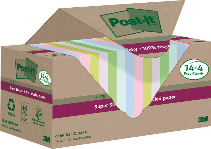 Post-it Haftnotizen Super Sticky – 76×76 mm – sortiert, 18×70 Blatt, PEFC
