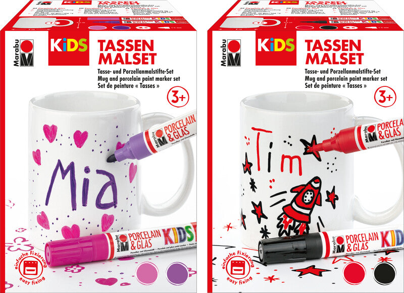 Marabu KiDS – Tassen-Malset – Porzellan- und Glasmalstifte 1–3 mm – 8 × 8 × 9,5 cm – 1 Tasse, 2 Stifte