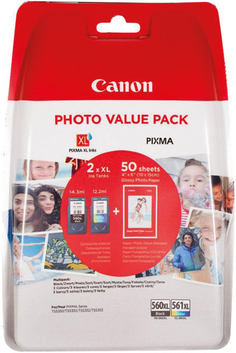 Canon Tintenpatronen-Multipack 560XL/561XL Photo Cube, mit Fotopapier 3,9" × 5,9" (50 Blatt) – für Inkjet