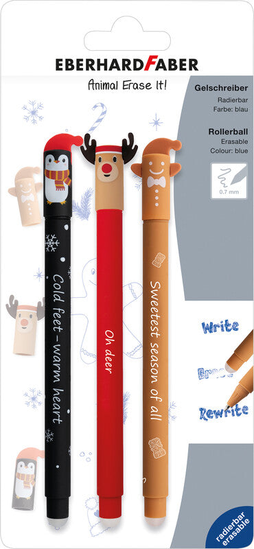 Eberhard Faber Animal Erase it Winter Gelschreiber 3er Set – blau, 0,7 mm, radierbar, Kappe, nachfüllbar