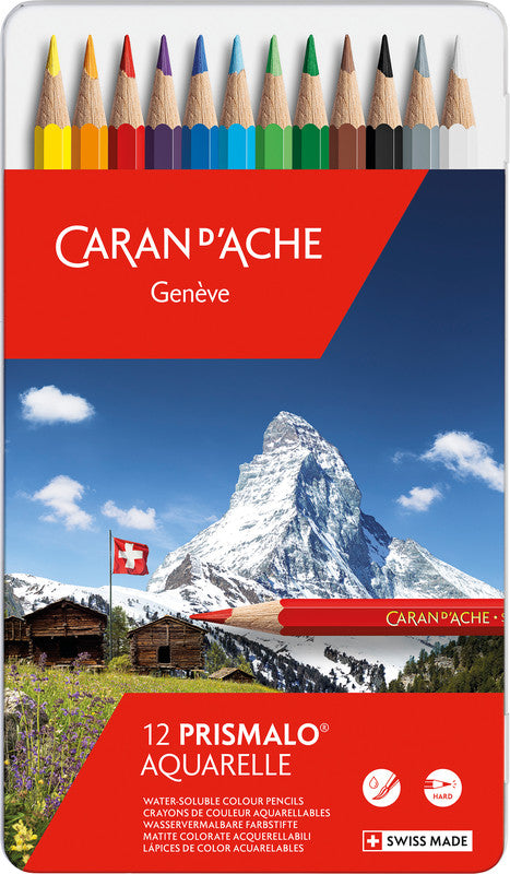 Caran d-Ache Caran d'Ache Prismalo Aquarellfarbstifte – 12 Farben, im Metalletui, Ø 3 mm, FSC