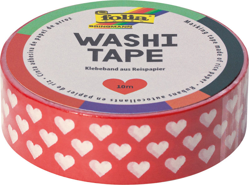 Folia Washi Tape – wiederablösbar, beschriftbar, Papier, 15 mm × 10 m, rote Herzen