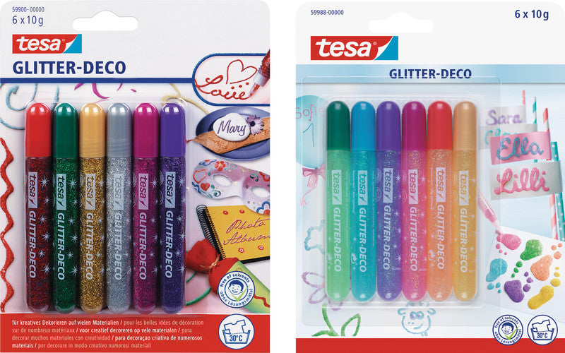 TESA Glitzerkleber Candy Colors – farbig sortiert – Set 6 × 10 g – auswaschbar, lösungsmittelfrei