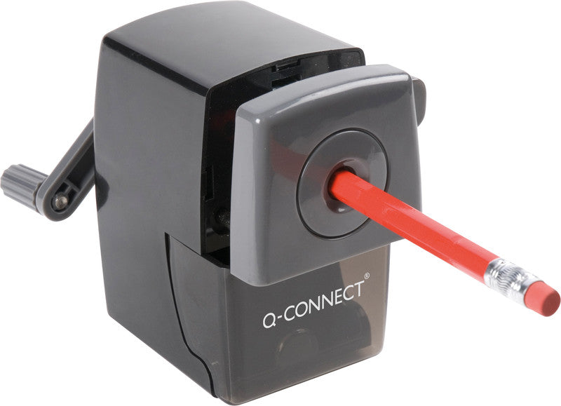 Q-CONNECT Spitzer – manuell, mit Behälter, für Blei- & Buntstifte bis Ø 8 mm, Kunststoff, grau
