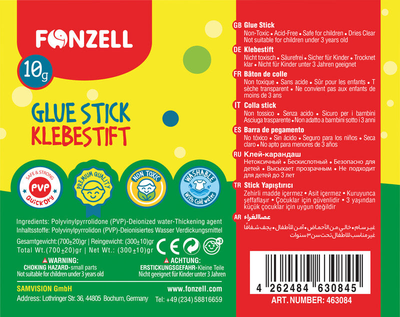 Fonzell Klebestift – Stift, permanent, transparent, lösemittelfrei, 10 g, für Papier, Fotos, Stoff u. a.
