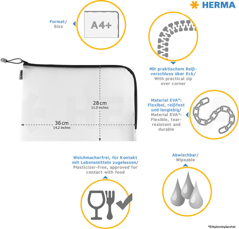 HERMA Reissverschlusstasche – Blau – Kunststoff – 36,0 × 28,0 × 0,7 cm