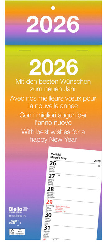 Biella Abreisskalender – 1 Woche pro Blatt – viersprachig D/F/I/GB – 2026 – 10,5 × 21 cm