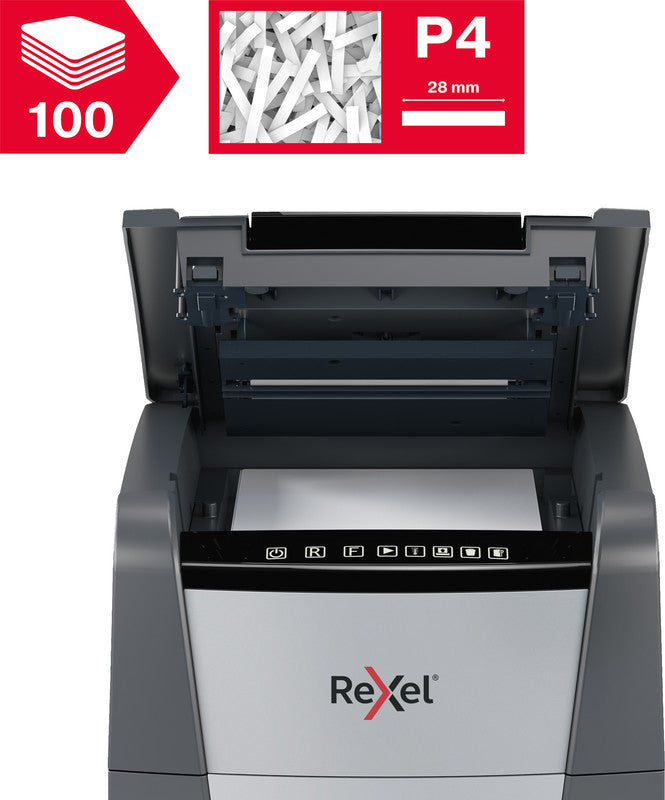 Rexel Optimum AutoFeed+ 100X – Aktenvernichter mit Autofeed 100 Blatt, DIN P-4, Partikelschnitt 4 × 28 mm, 34