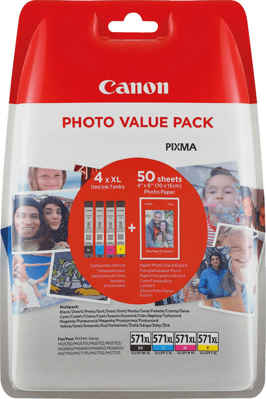 Canon Tintenpatronen-Multipack CLI-571XL Photo Cube, 4er-Pack, mit Fotopapier 4" × 6" (50 Blatt) – für CLI-571