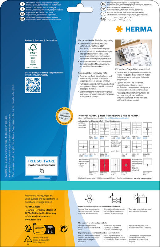 HERMA Drucketiketten, 50 mm × 142 mm, weiss, Papier, permanent, 200 Etiketten (25 Blatt)