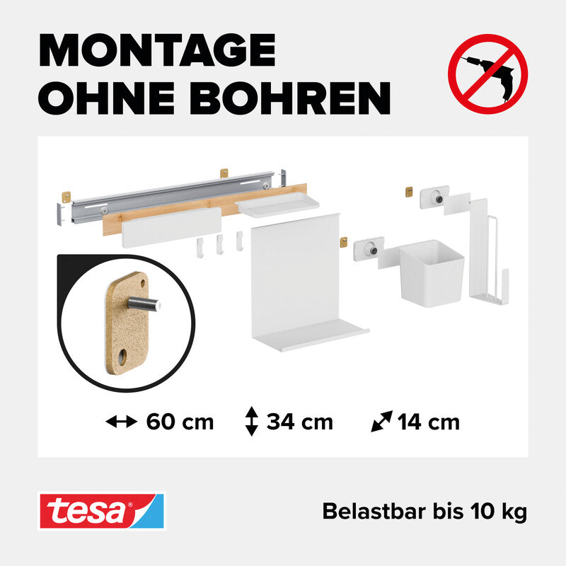 TESA Küchenorganizer Kombi-Set L – für Küchenreling aus Aluminium – weiss & Bambus – 86,5 × 34 × 14 cm