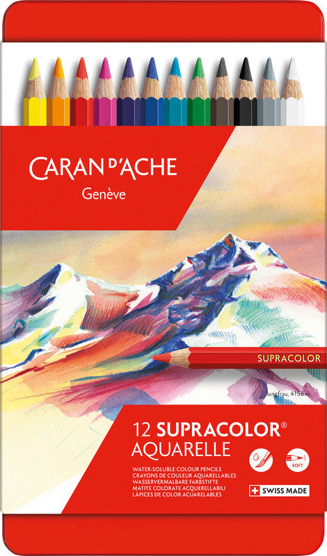 Caran d-Ache Caran d'Ache Supracolor Soft Aquarellfarbstifte – 12 Farben, im Metalletui, Ø 3,8 mm, FSC